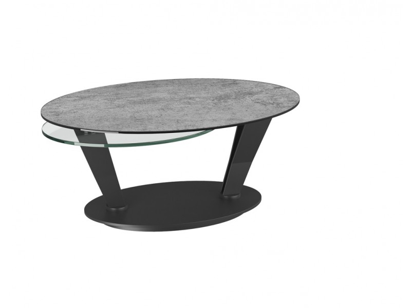 OVALIA - Table basse 2 plateaux pivotants verre et céramique 6 coloris silver piétement noir